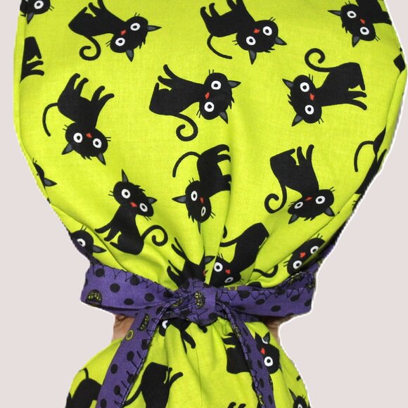 Womens Scaredy Cat Halloween Ponytail Scrub Cap, Handmade NWOT - Picture 2 of 7
